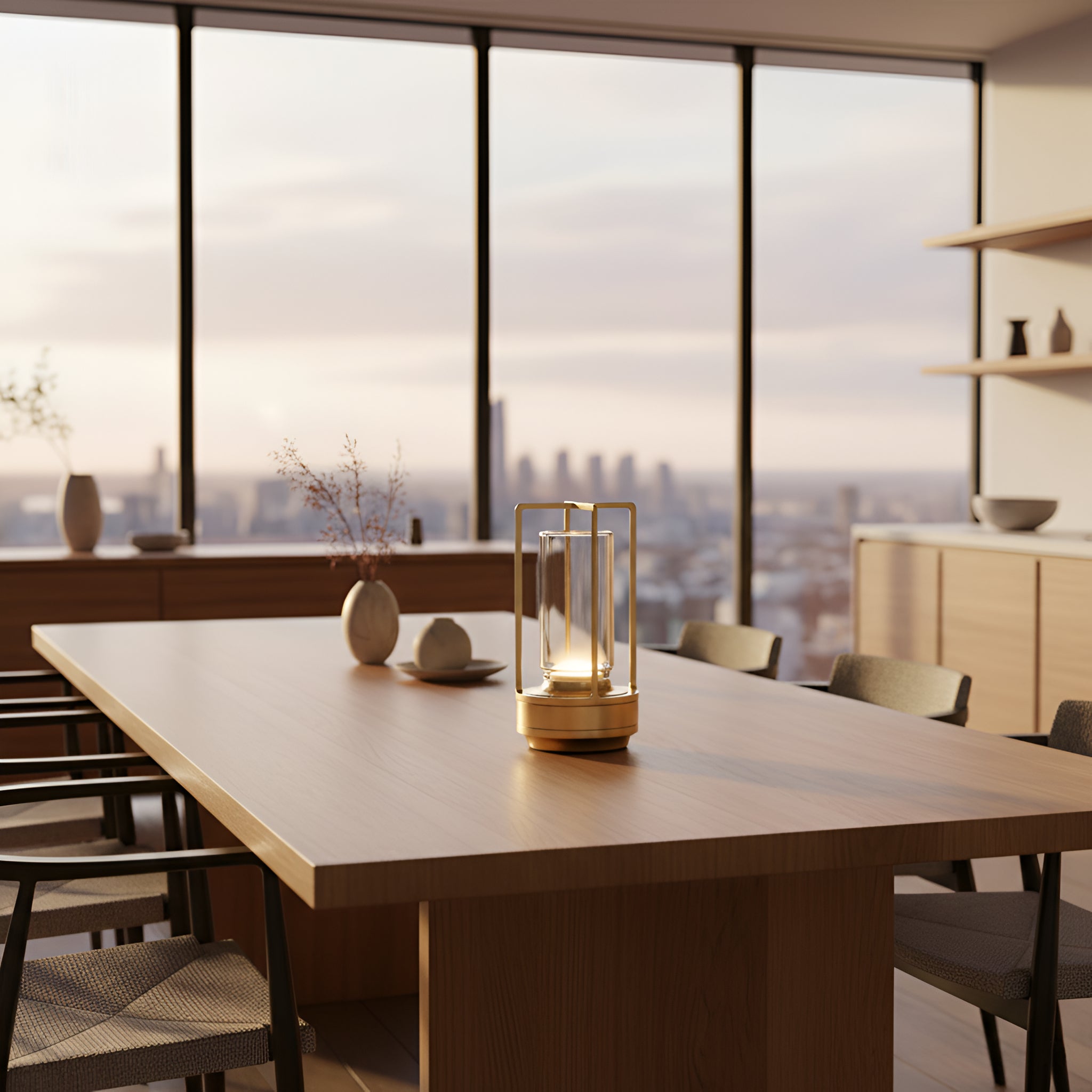 Modern Brass Table Lamp with Glass Hurricane Shade