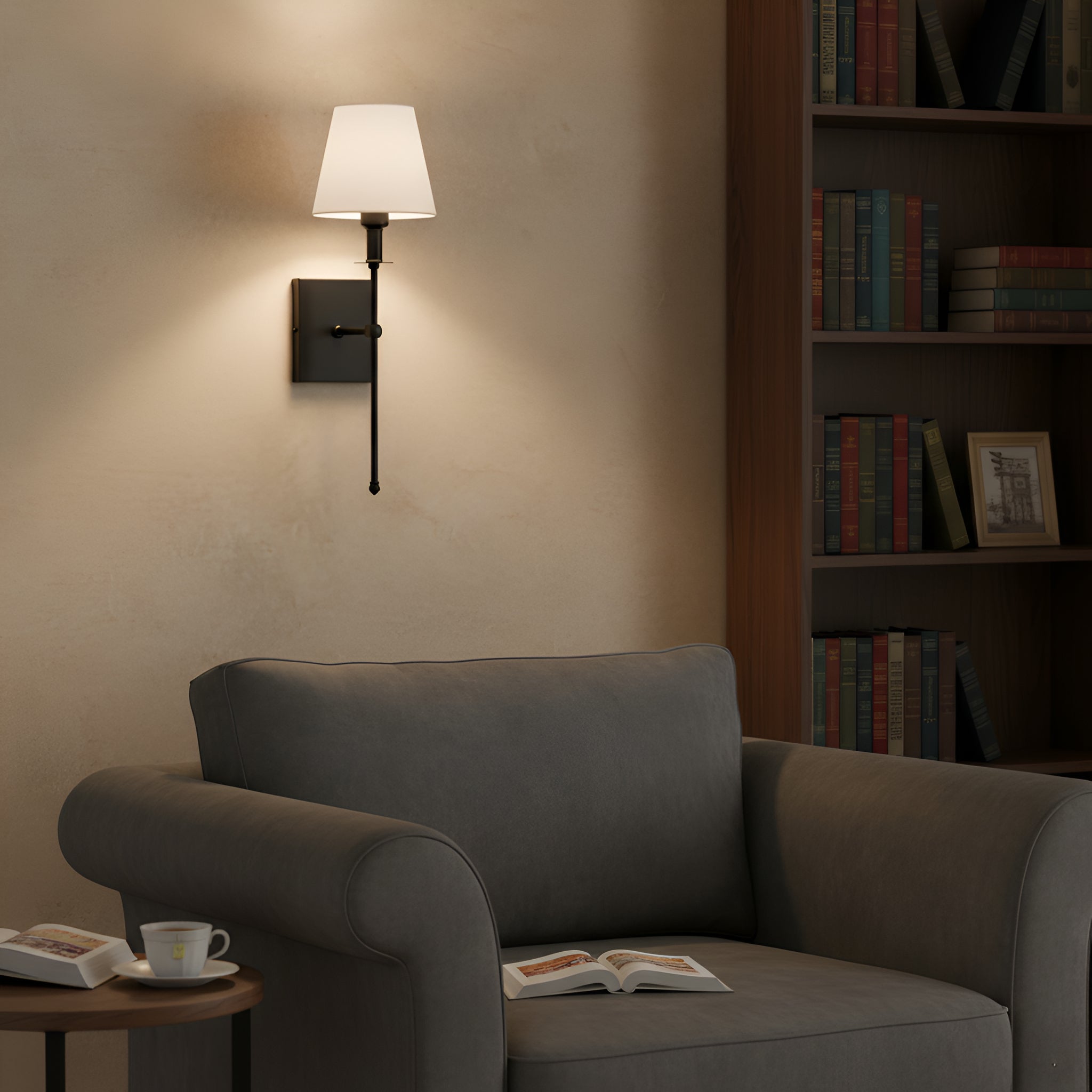Rustic Black Swing Arm Wall Lamp with White Shade