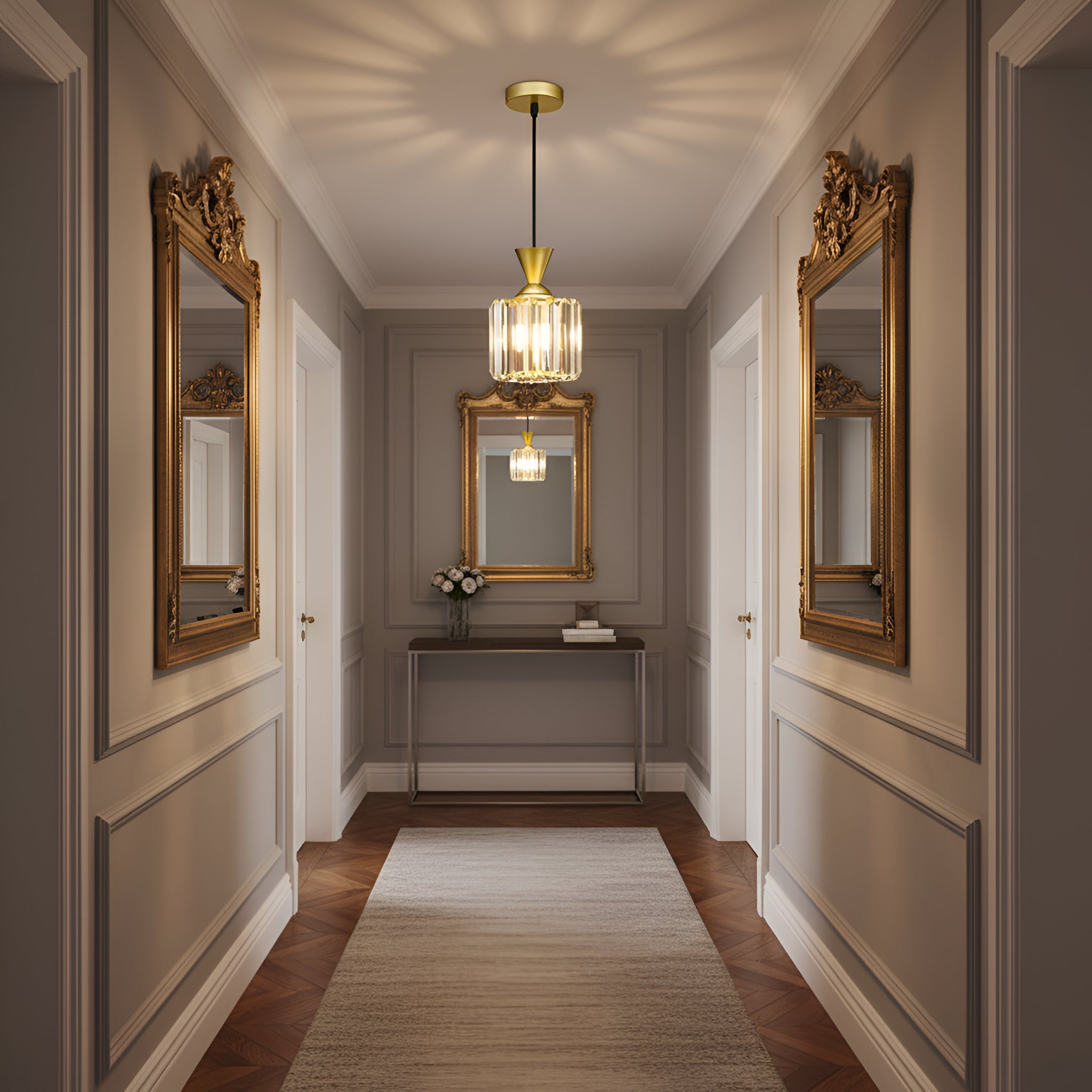 Brass Crystal Pendant Light - Fluted Glass Hanging Lamp
