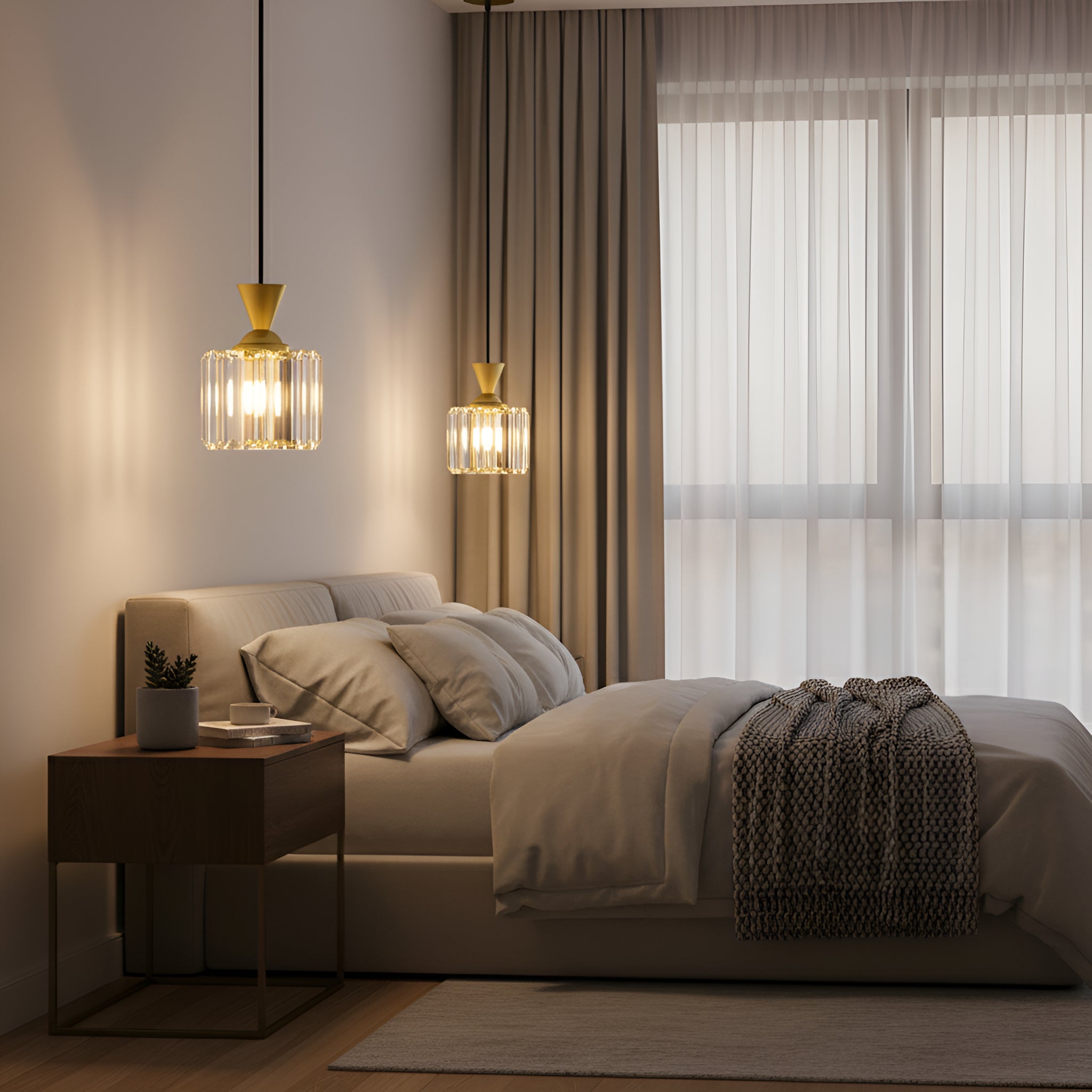 Brass Crystal Pendant Light - Fluted Glass Hanging Lamp