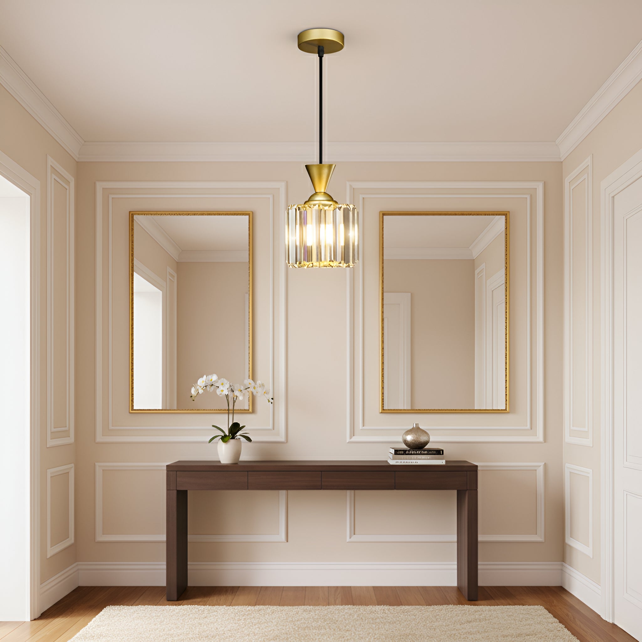 Brass Crystal Pendant Light - Fluted Glass Hanging Lamp