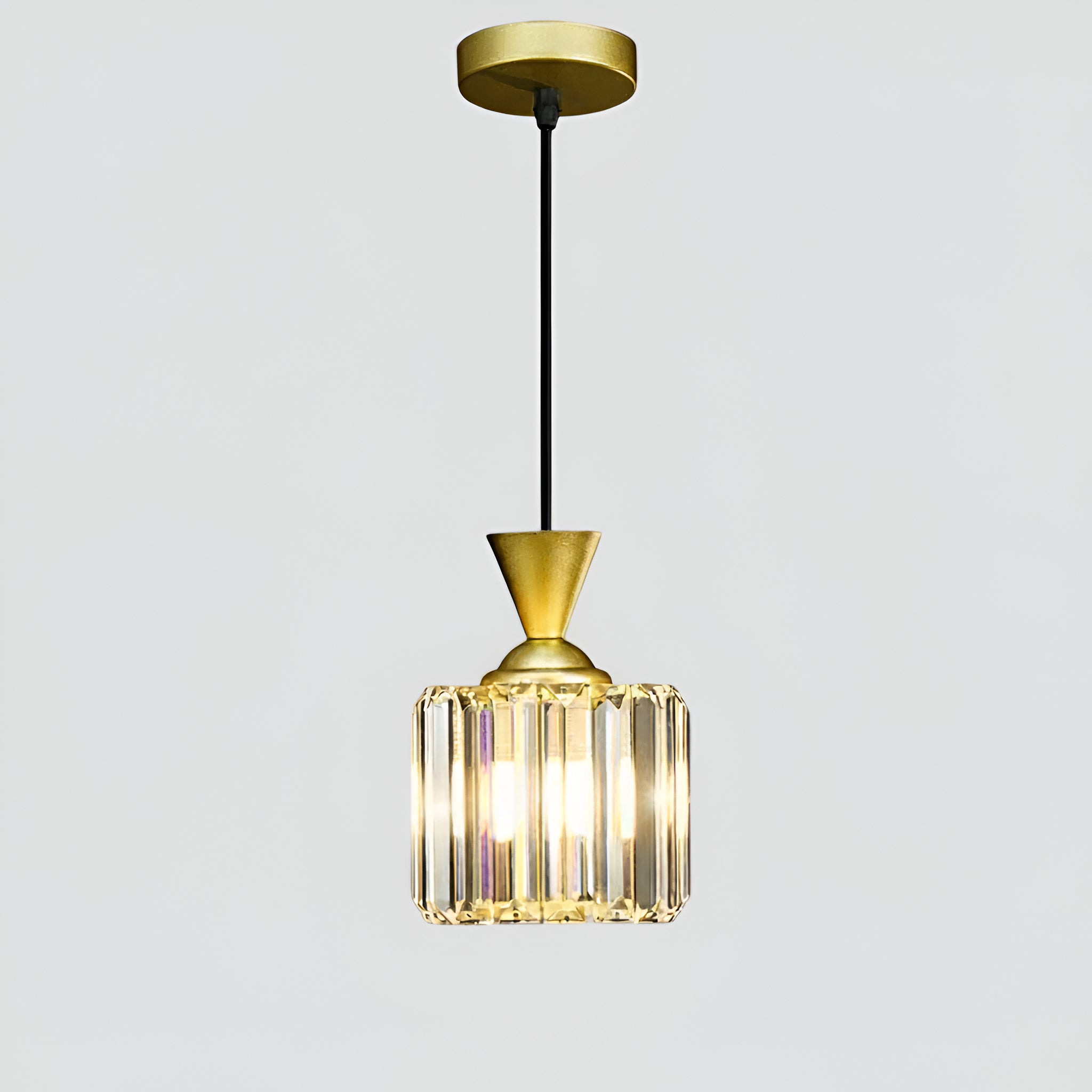 Brass Crystal Pendant Light - Fluted Glass Hanging Lamp