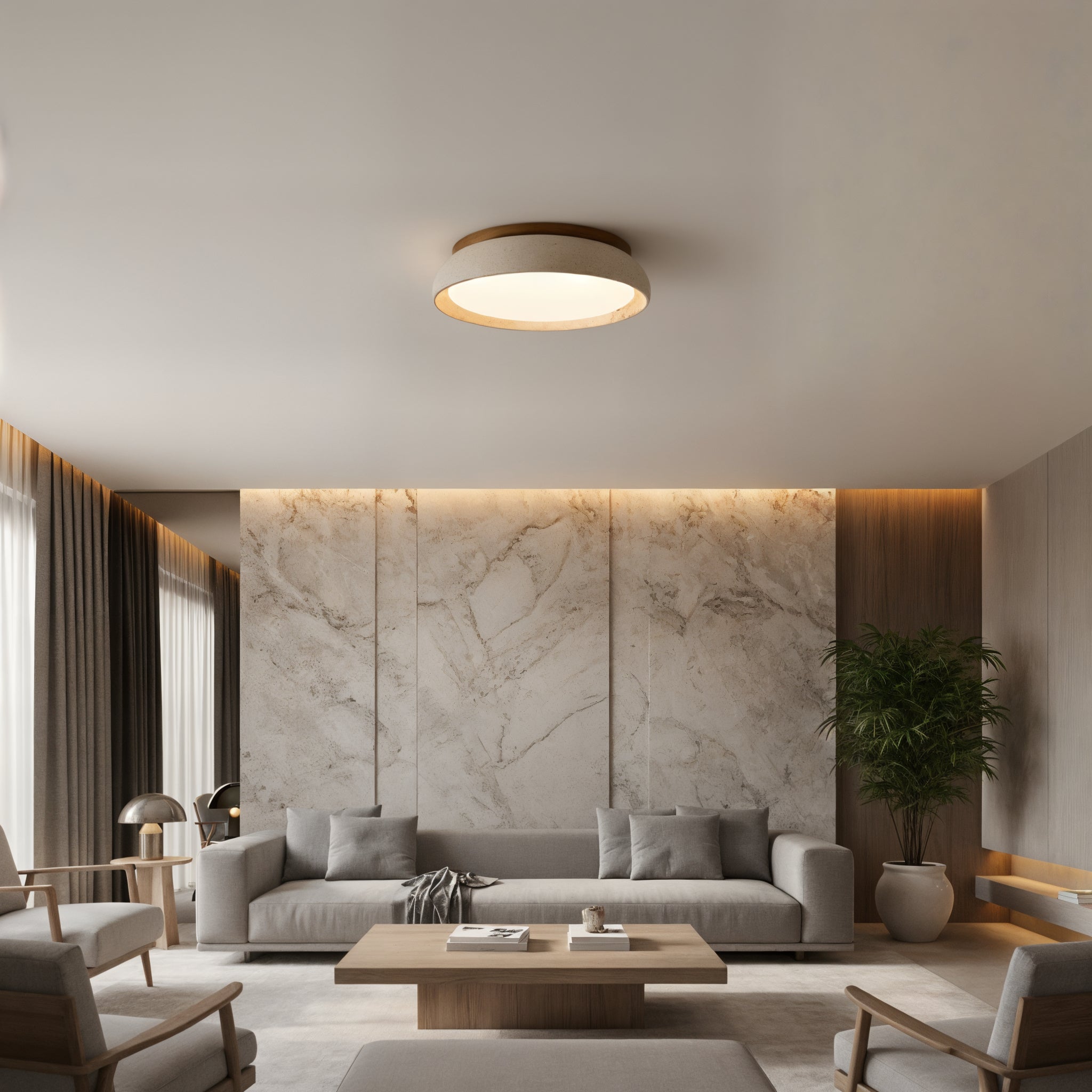Concrete Flush Mount Ceiling Light with Wood Accent