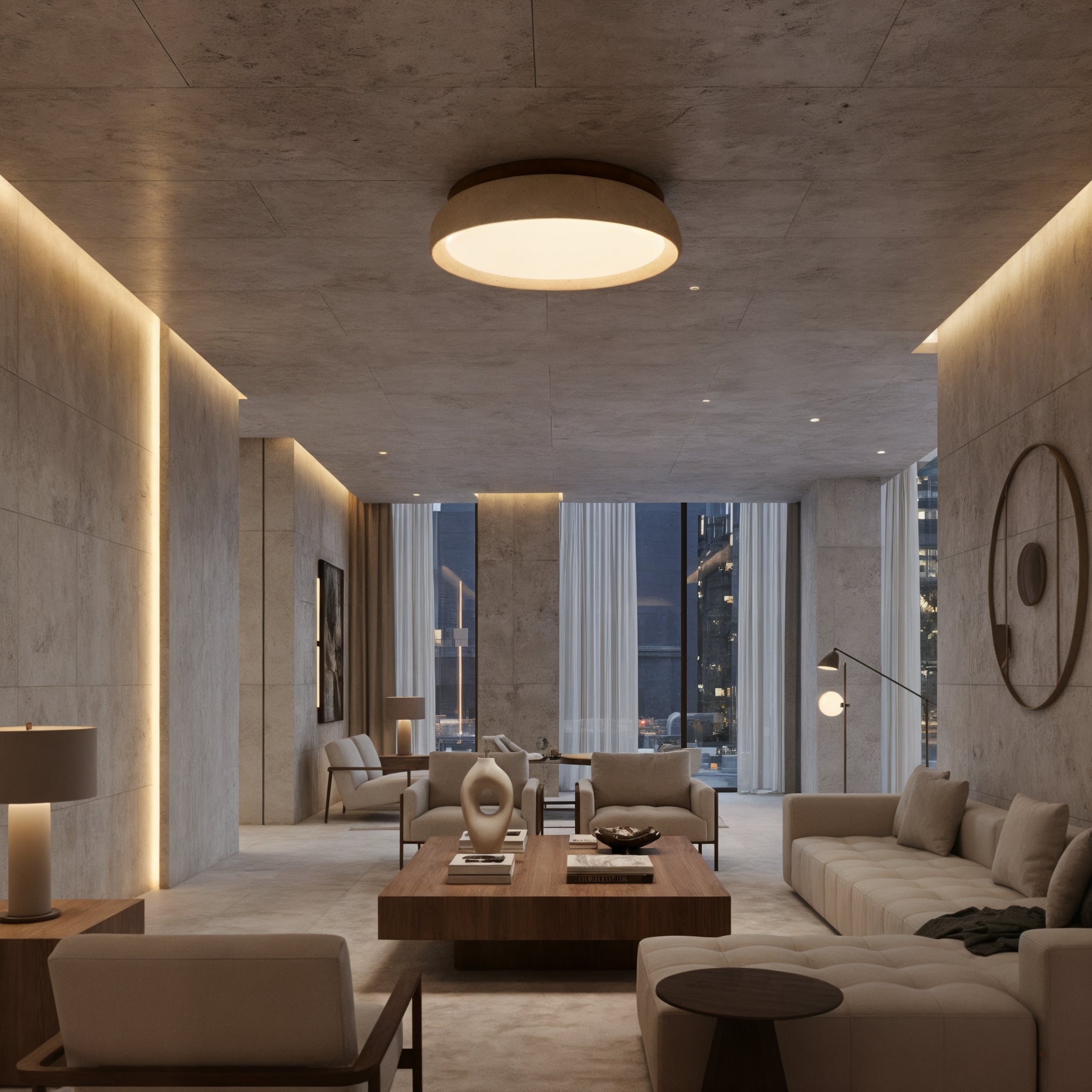 Concrete Flush Mount Ceiling Light with Wood Accent