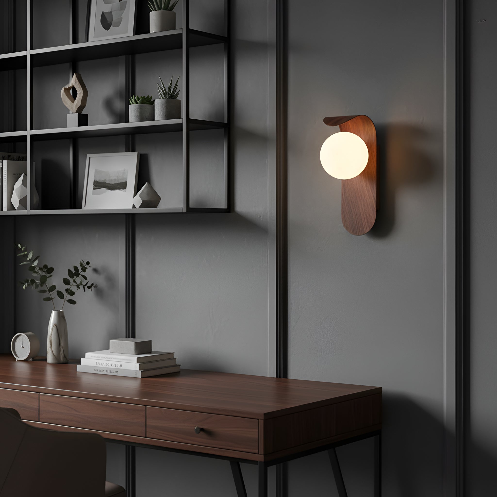 Wood Wall Sconce with Glass Globe - Curved Modern Fixture