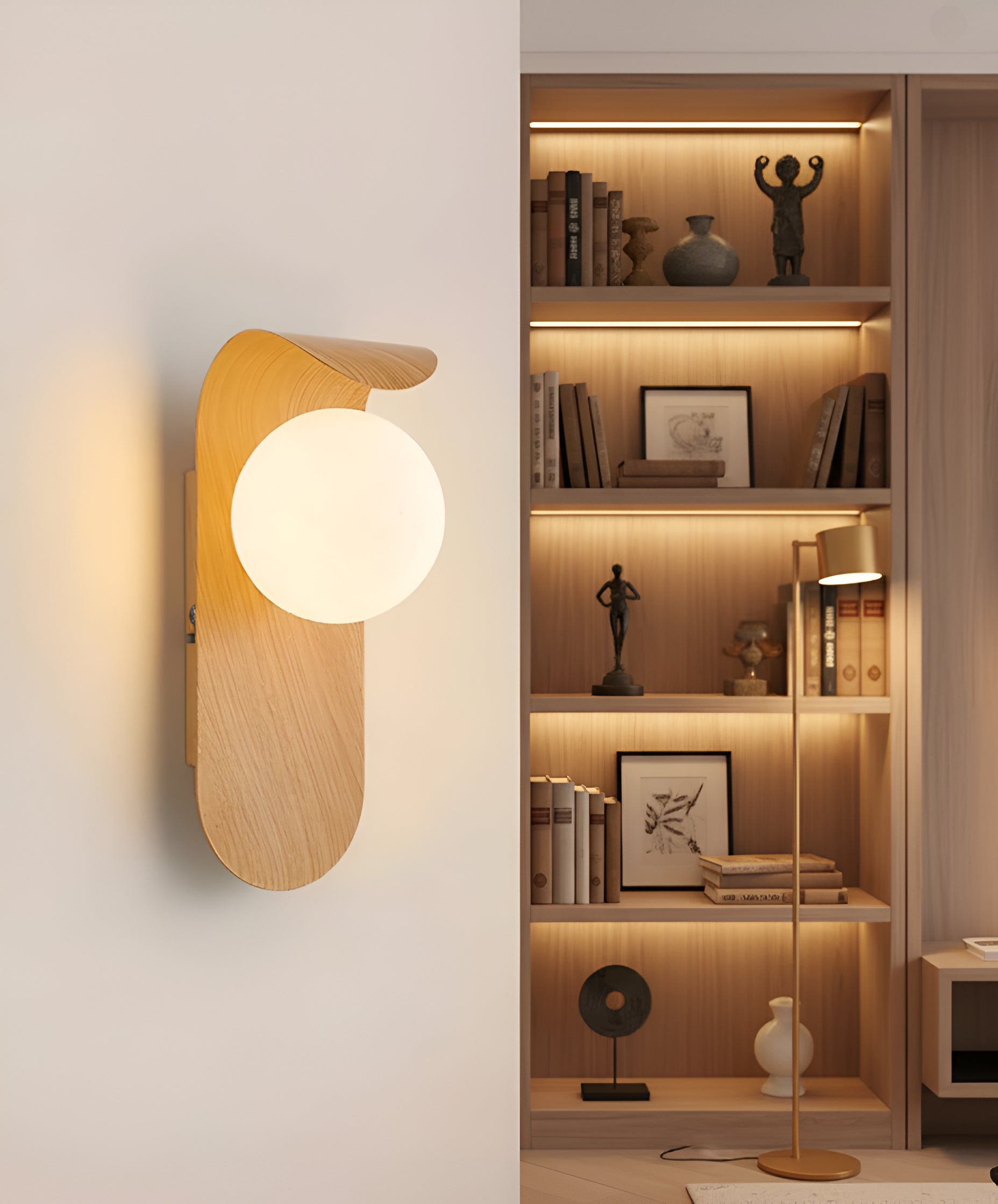 Wood Wall Sconce with Glass Globe - Curved Modern Fixture