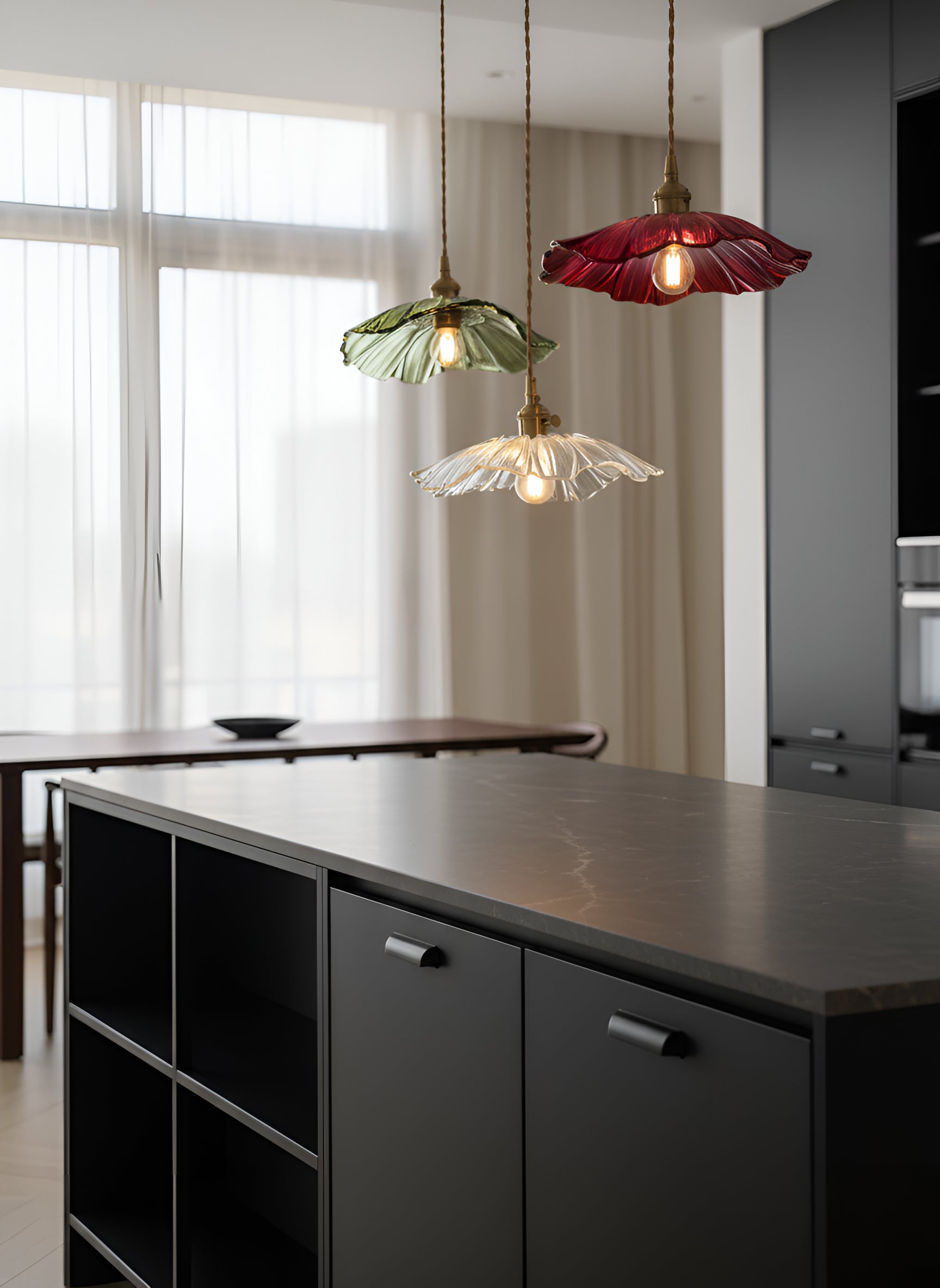 Flower Fluted Glass Pendant Light - Ruffled Shade Hanging Lamp