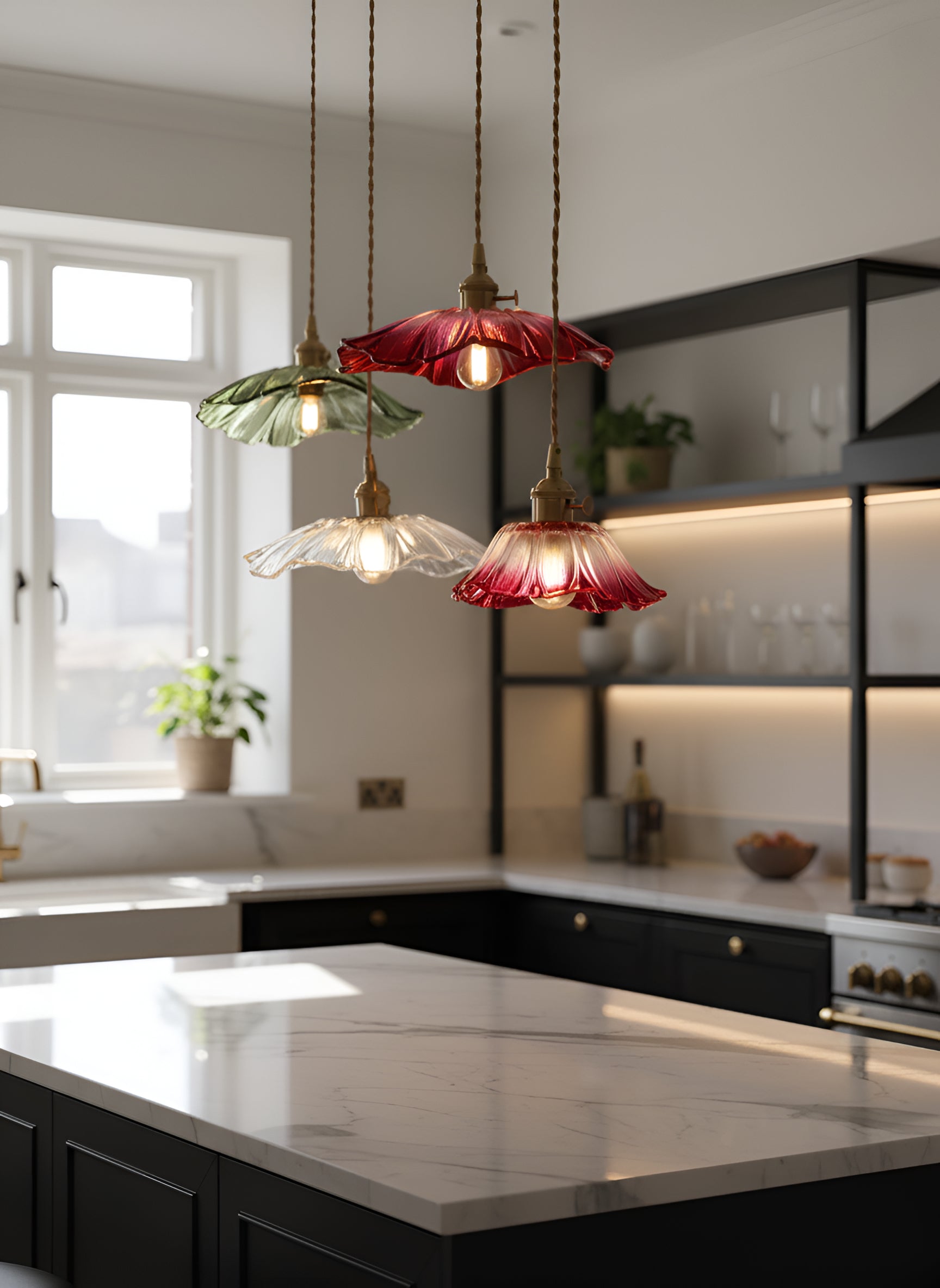 Flower Fluted Glass Pendant Light - Ruffled Shade Hanging Lamp