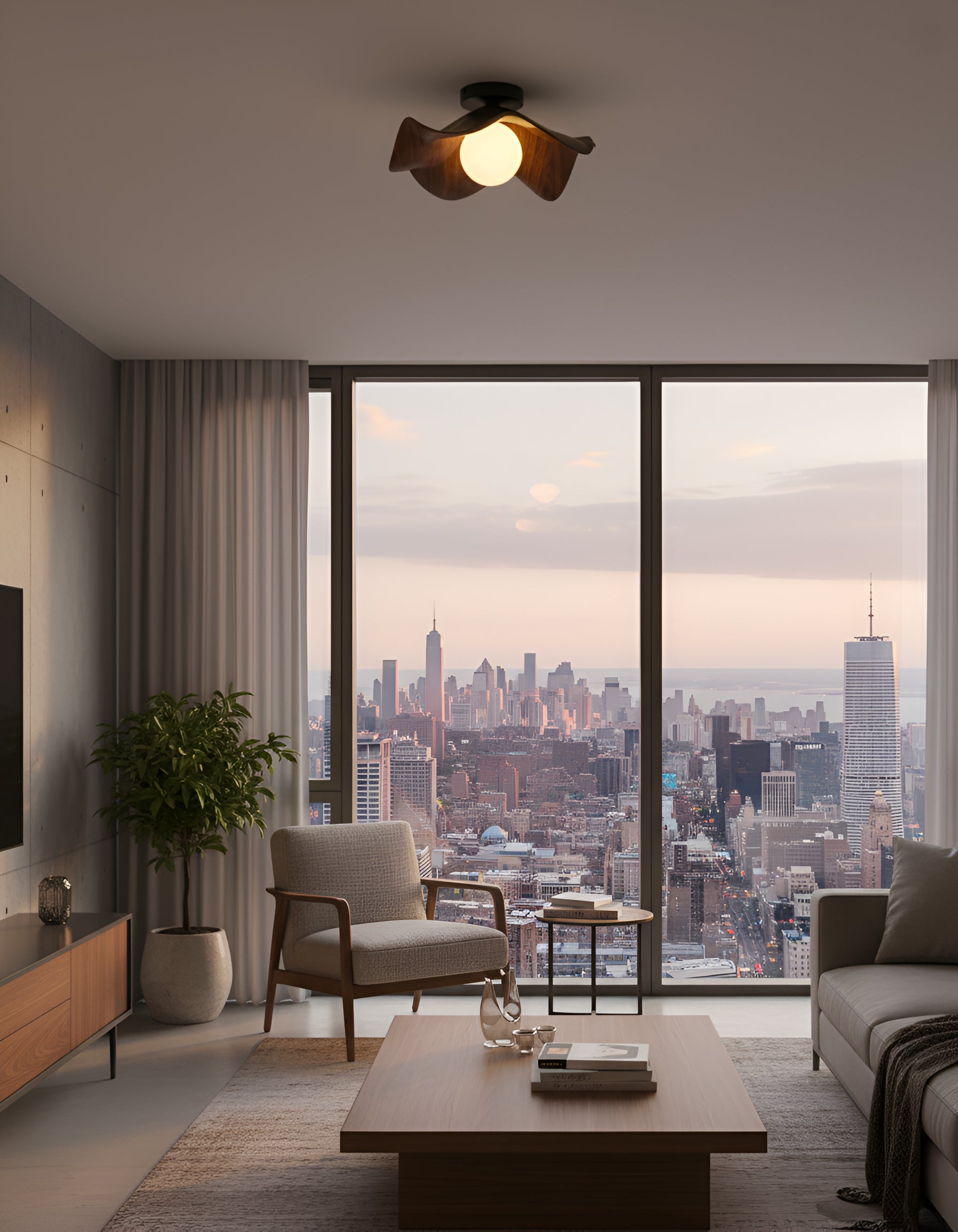 Modern Curved Wood Ceiling Light - Sculptural Semi-Flush Mount Fixture