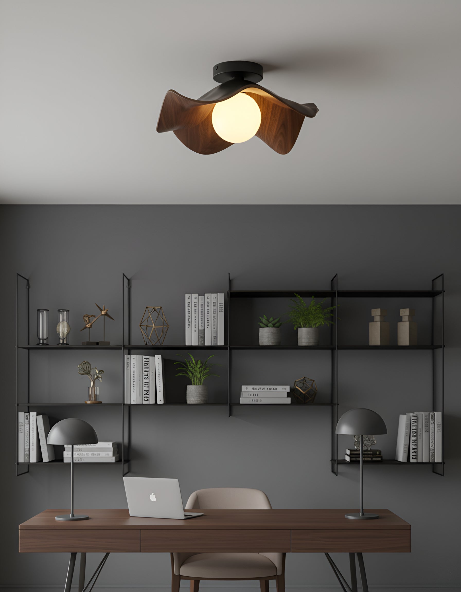 Modern Curved Wood Ceiling Light - Sculptural Semi-Flush Mount Fixture