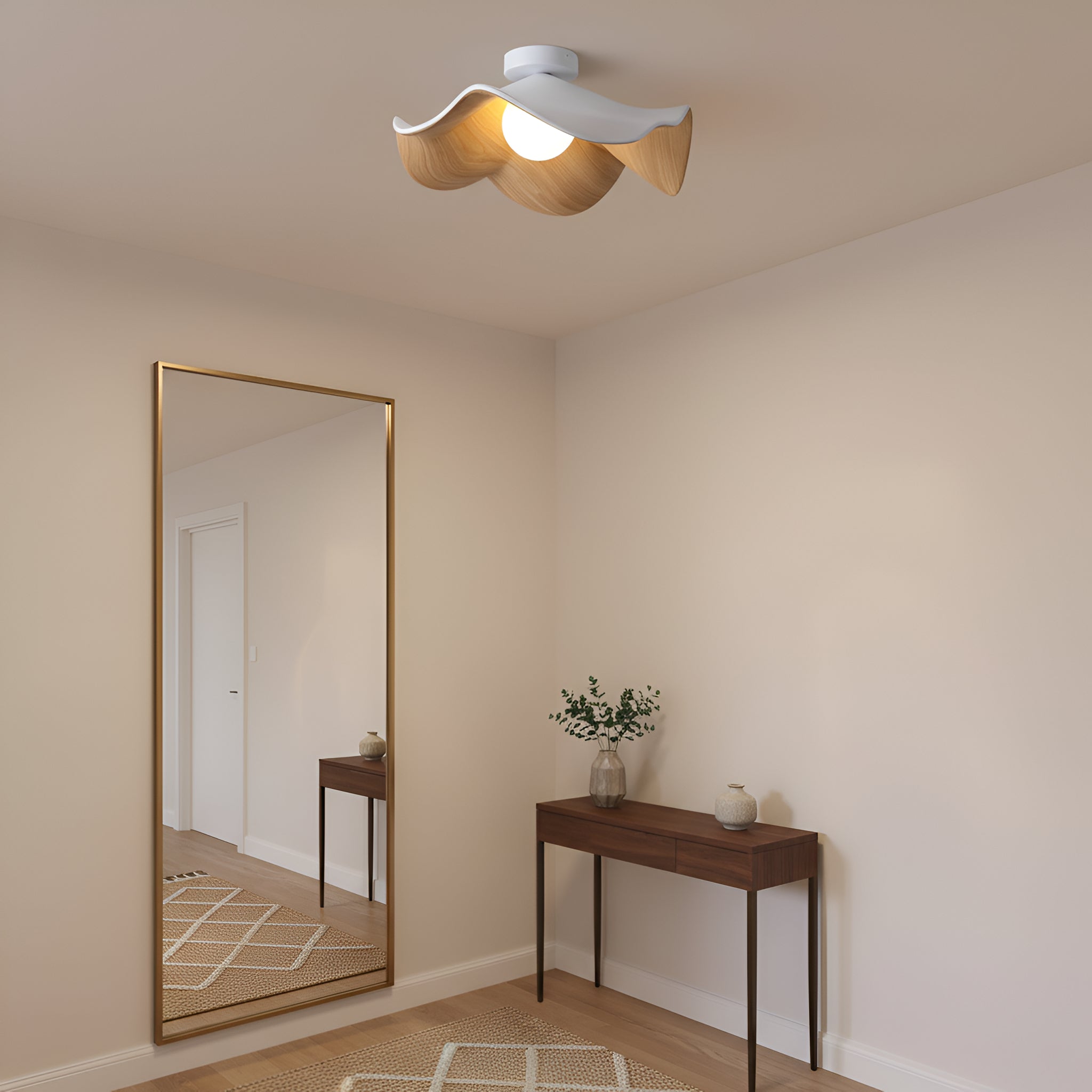 Modern Curved Wood Ceiling Light - Sculptural Semi-Flush Mount Fixture