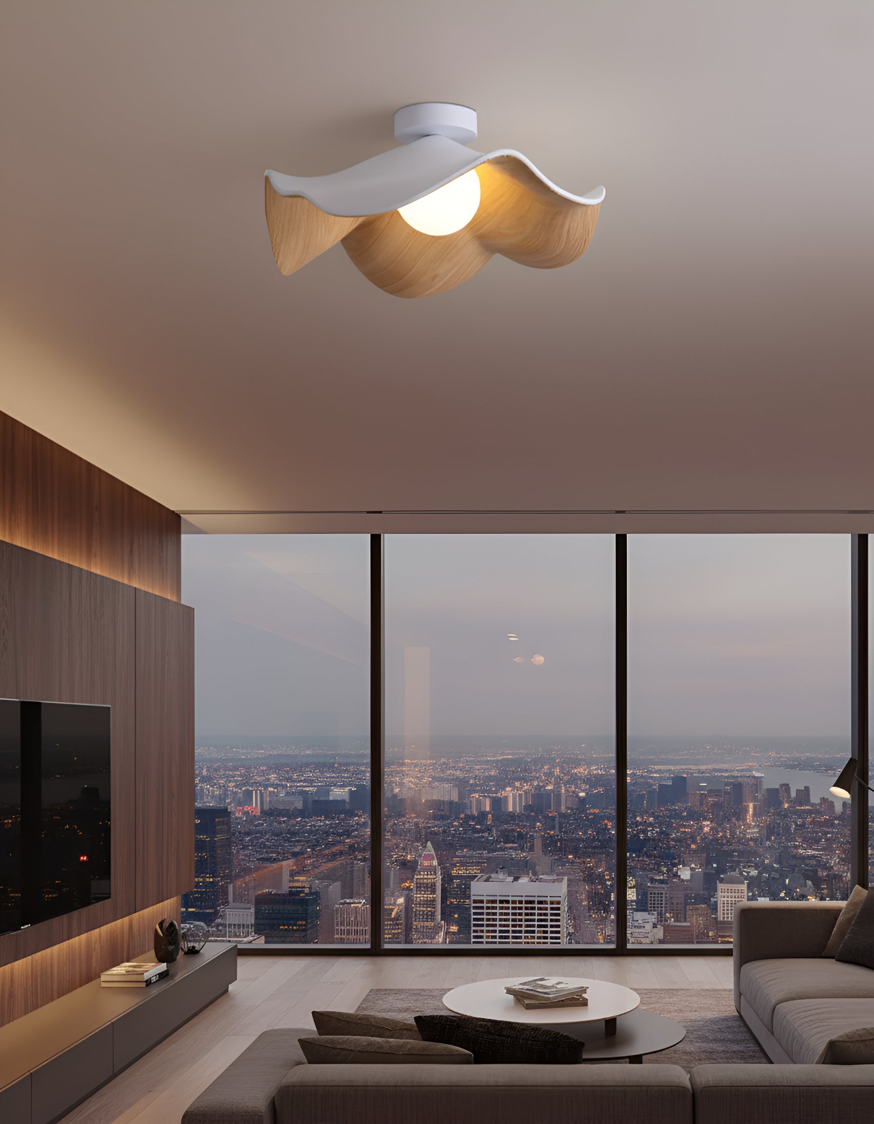 Modern Curved Wood Ceiling Light - Sculptural Semi-Flush Mount Fixture