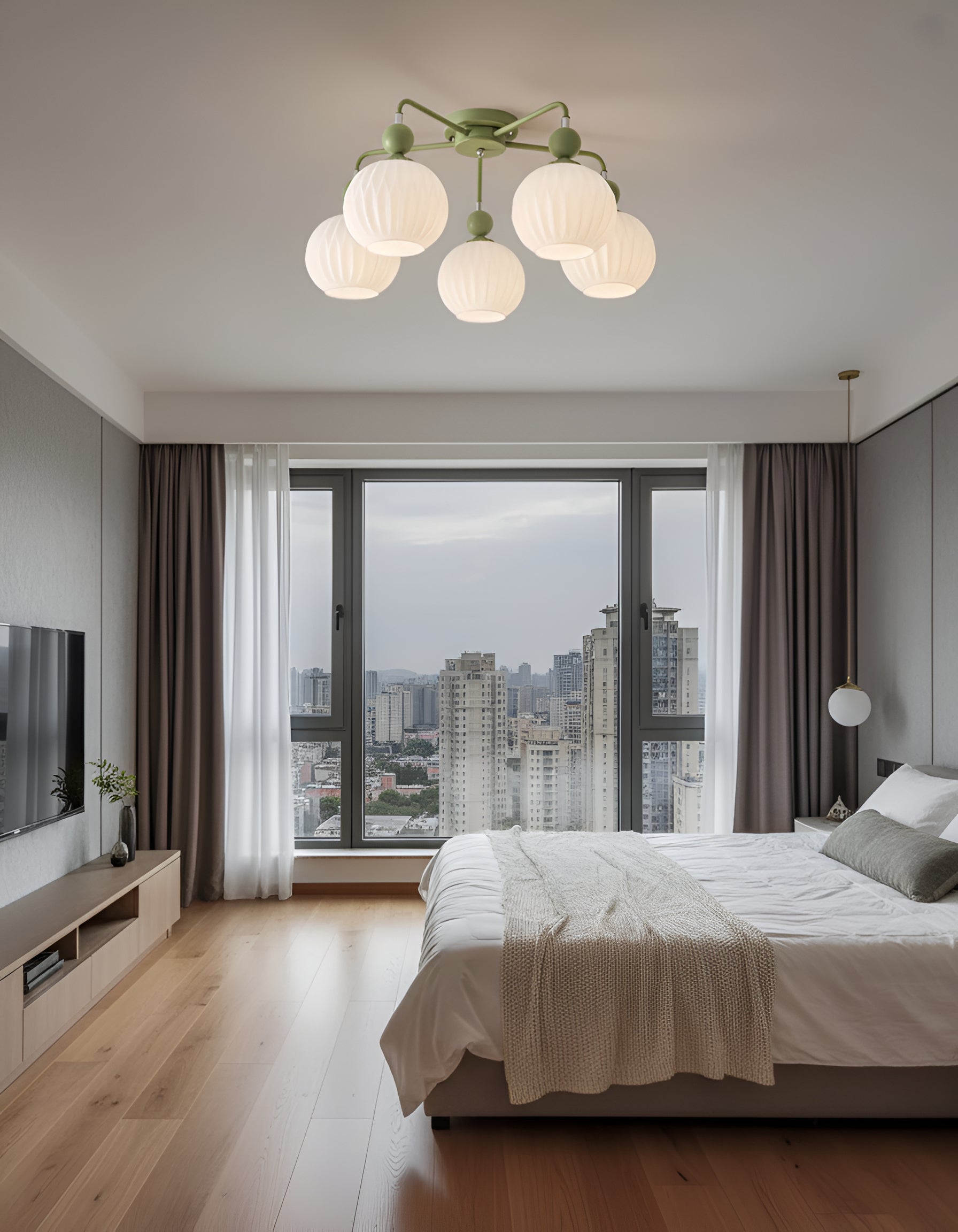 Sage Green Ceiling Chandelier - Ribbed Globe Shade Semi-Flush Mount Light