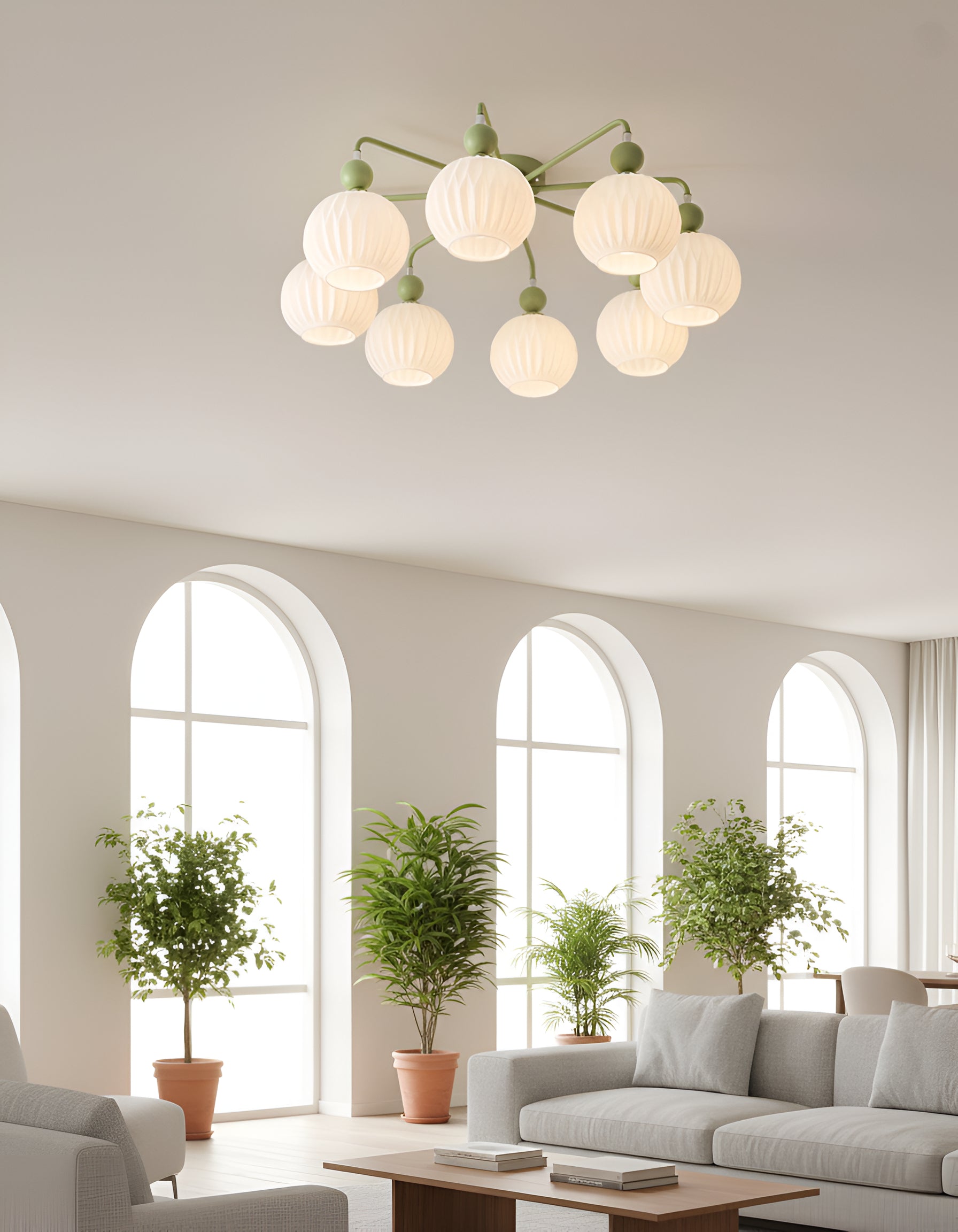 Sage Green Ceiling Chandelier - Ribbed Globe Shade Semi-Flush Mount Light