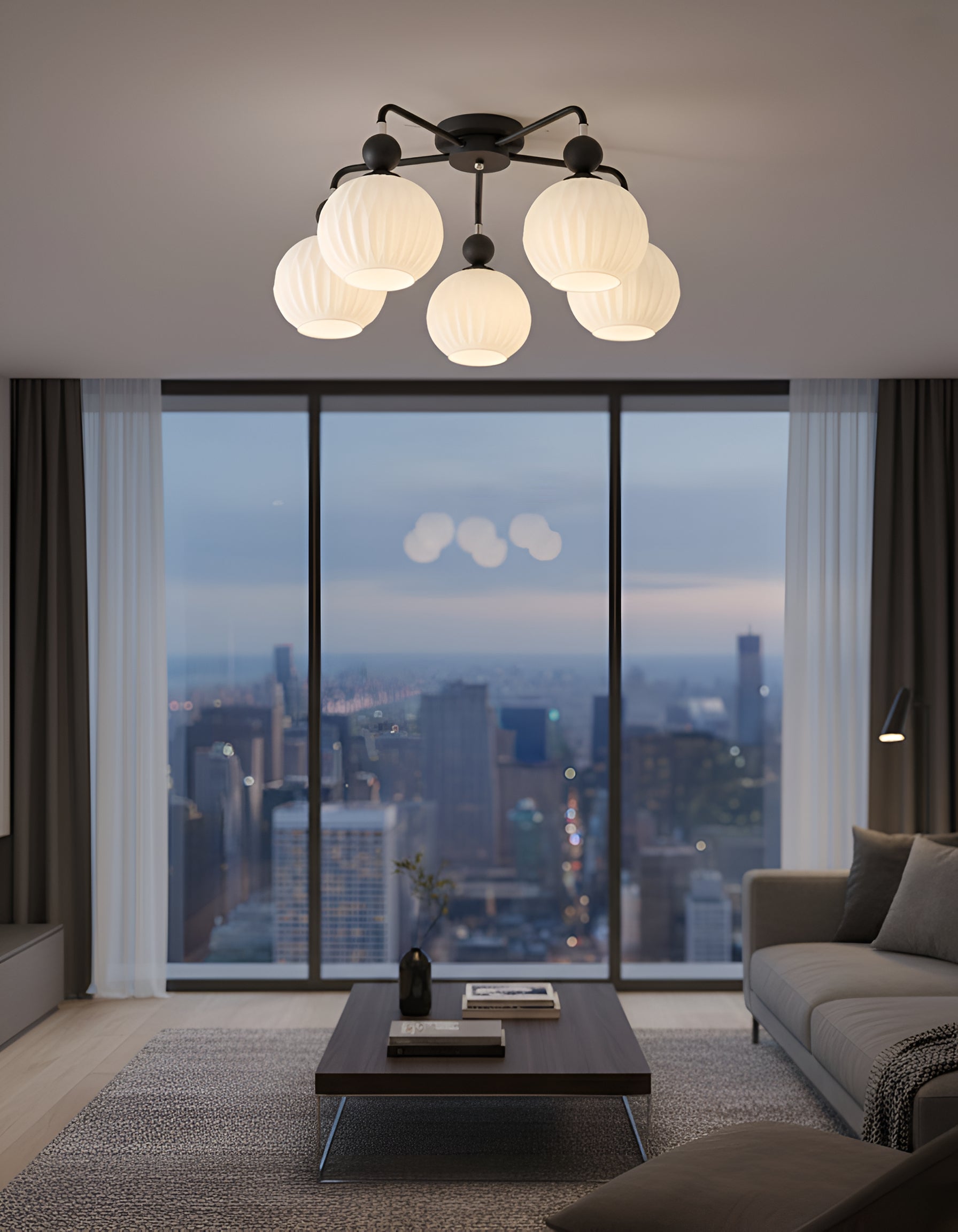 Sage Green Ceiling Chandelier - Ribbed Globe Shade Semi-Flush Mount Light