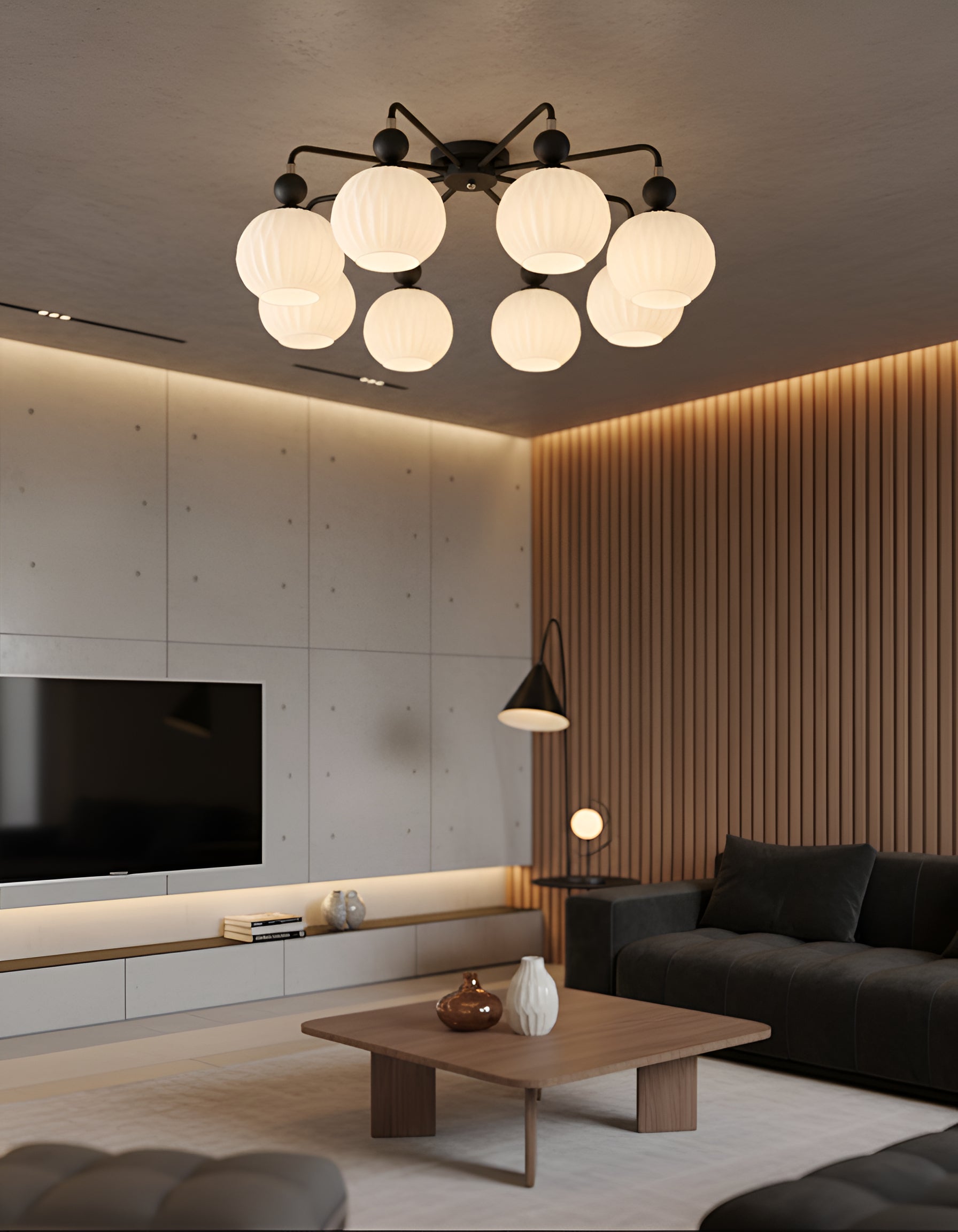 Sage Green Ceiling Chandelier - Ribbed Globe Shade Semi-Flush Mount Light