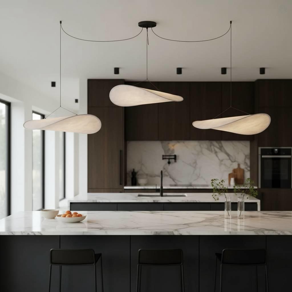 Organic Wing Pendant Light - Sculptural Curved Hanging Light with Cable Suspension