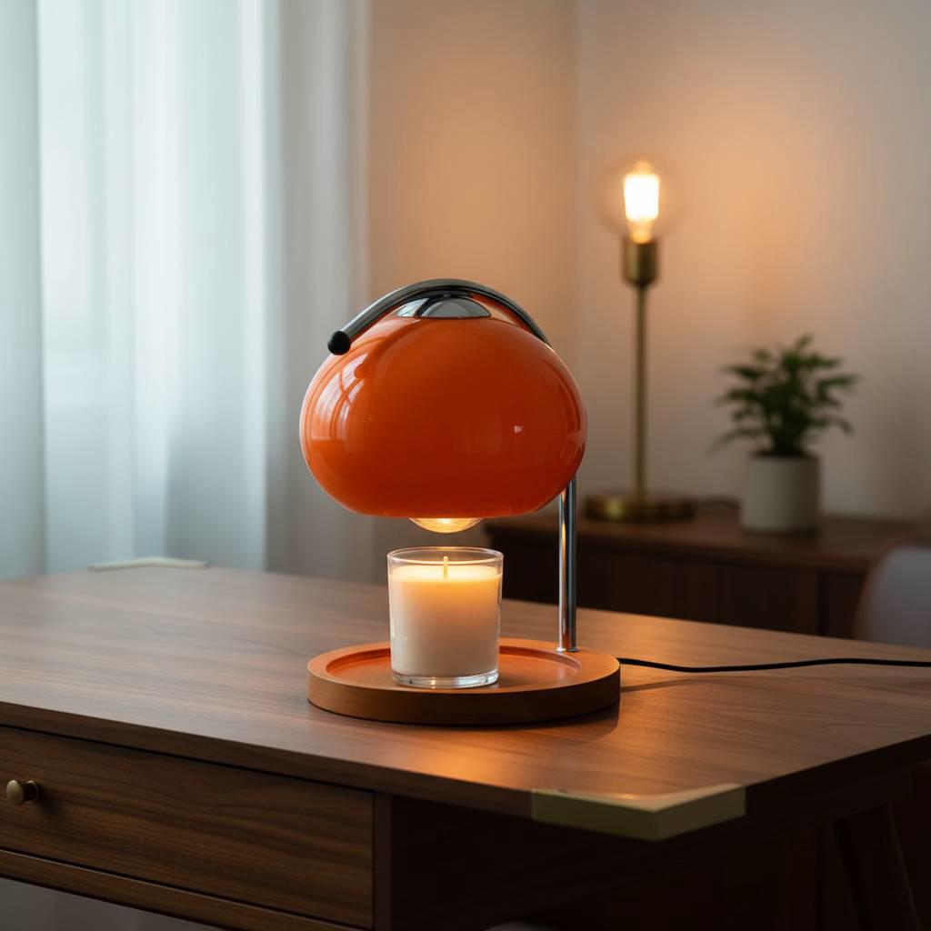 Electric Candle Warmer Lamp - Adjustable Orange Dome Candle Melter with Wood Base