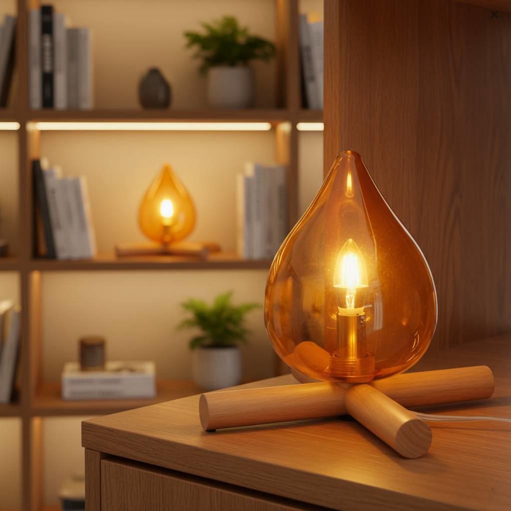 Amber Glass Flame Table Lamp - Campfire Inspired Accent Light with Wooden Tripod Base
