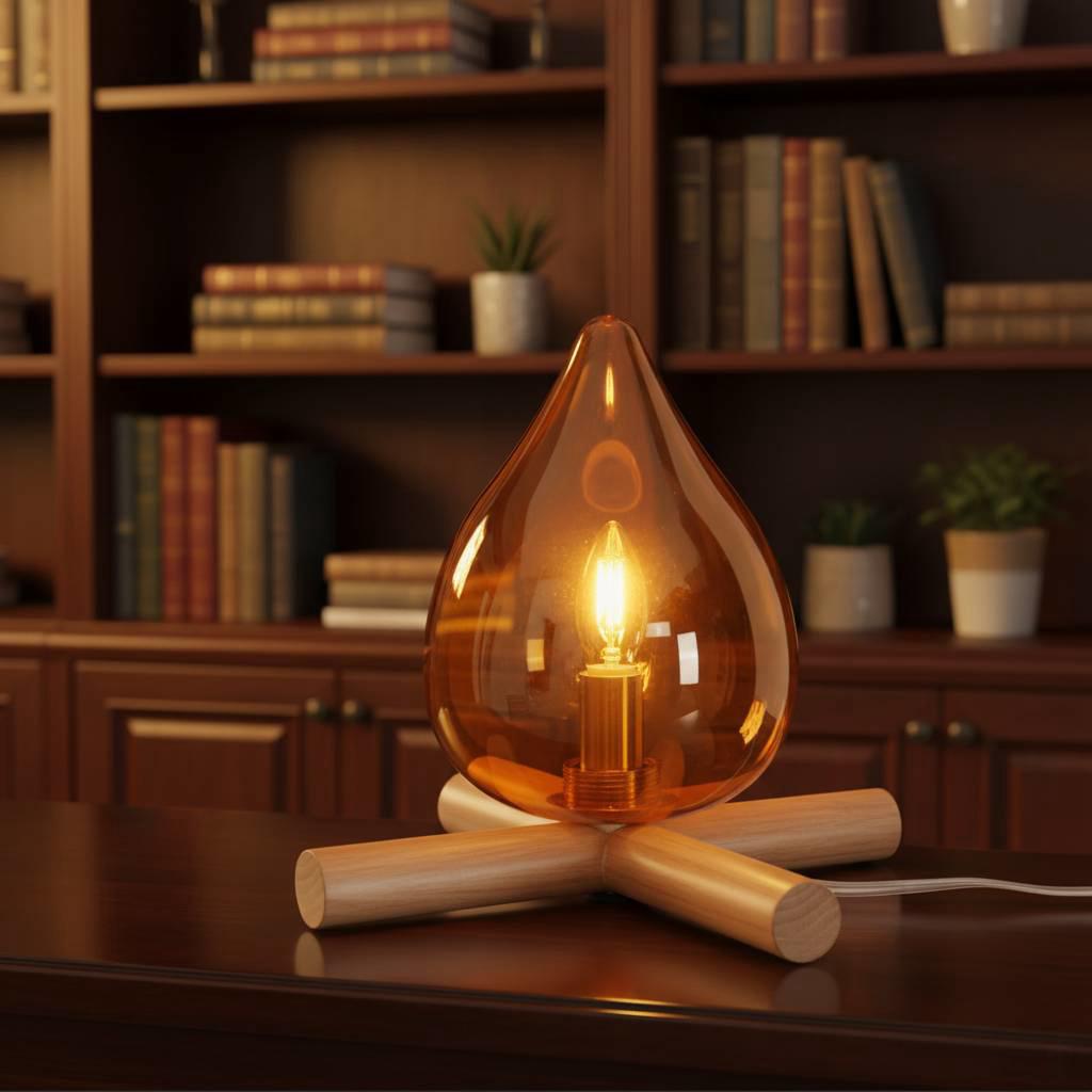 Amber Glass Flame Table Lamp - Campfire Inspired Accent Light with Wooden Tripod Base