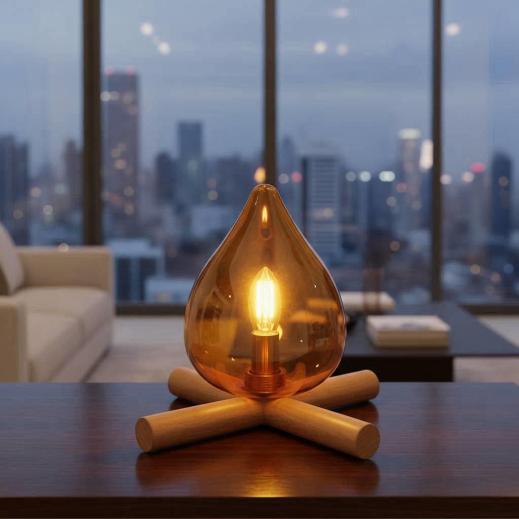 Amber Glass Flame Table Lamp - Campfire Inspired Accent Light with Wooden Tripod Base