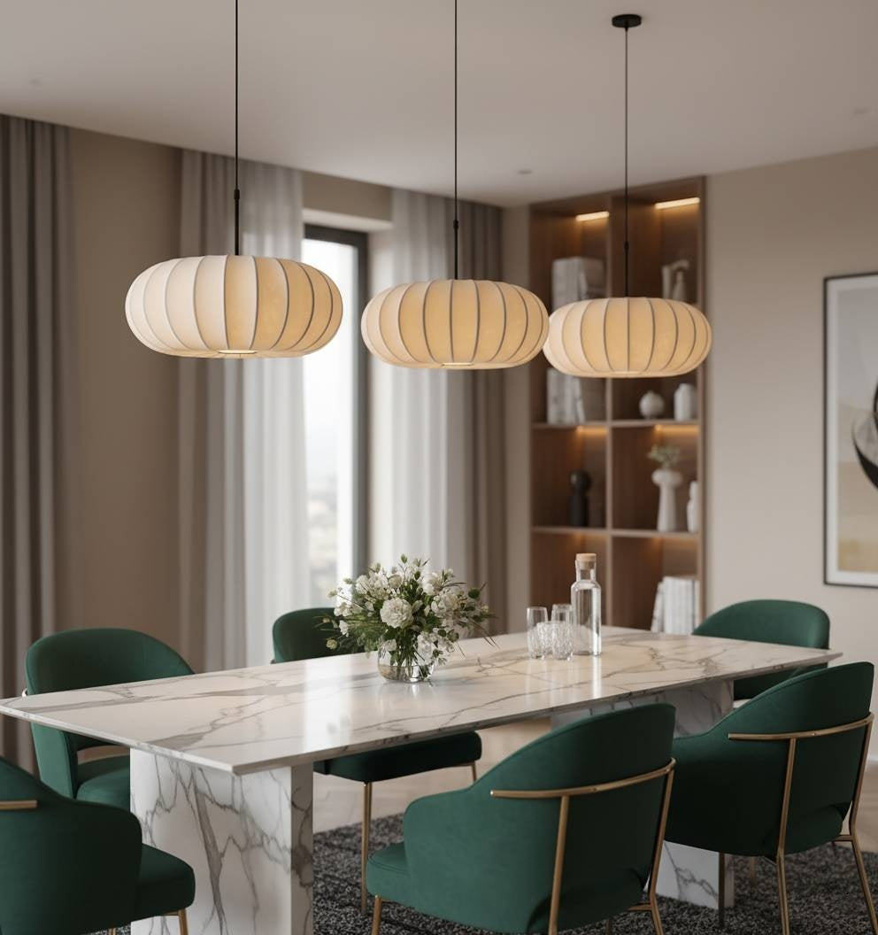 Japanese Wabi-Sabi Fabric Pendant Light - Ribbed Oval Cocoon Hanging Light