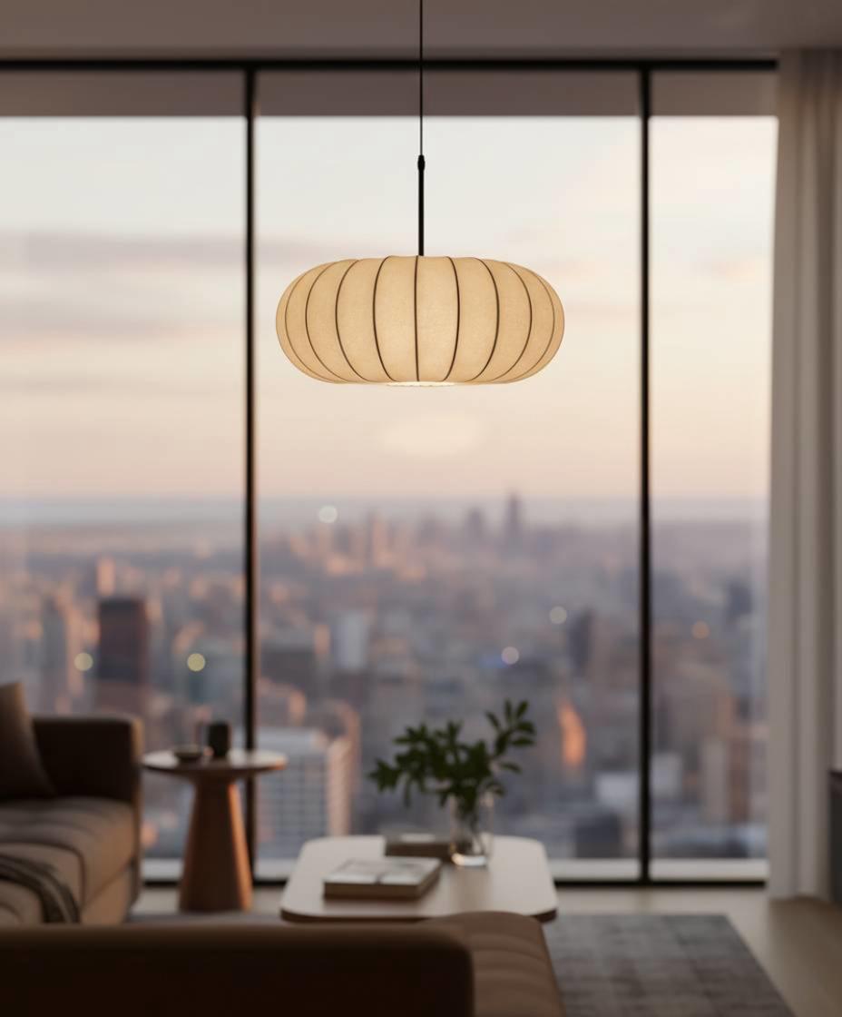 Japanese Wabi-Sabi Fabric Pendant Light - Ribbed Oval Cocoon Hanging Light