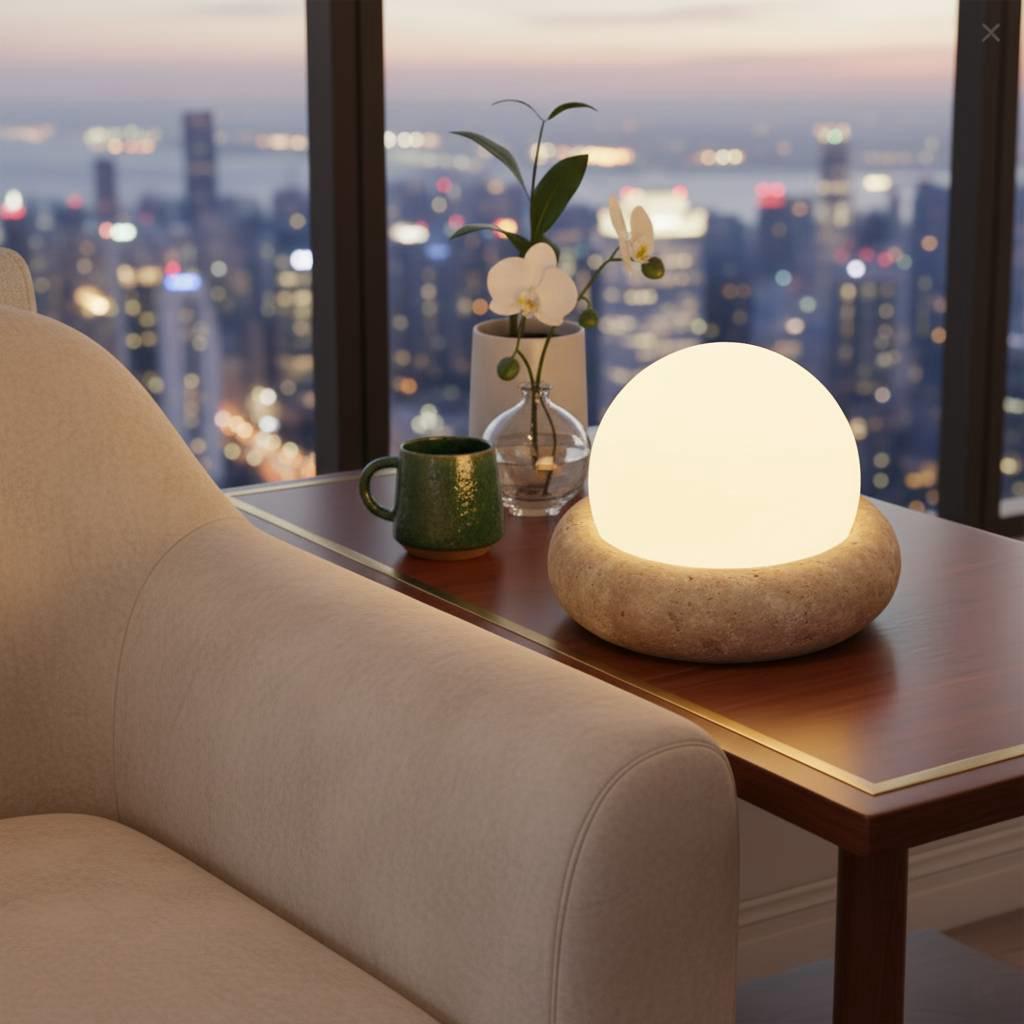 Cordless Globe Table Lamp - Rechargeable Stone Base Accent Light with Glass Orb