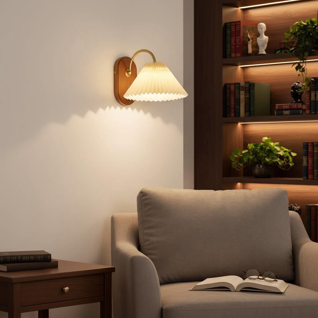 Pleated Fabric Wall Sconce with Wood Base - Plug-In Swing Arm Reading Light
