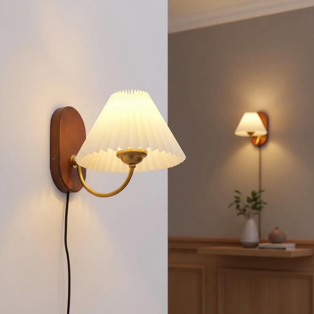 Pleated Fabric Wall Sconce with Wood Base - Plug-In Swing Arm Reading Light
