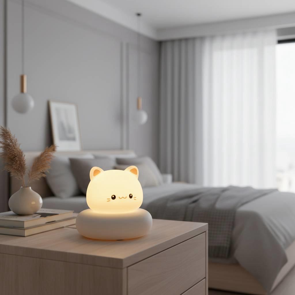 Kawaii Cat Table Lamp - Cute Kitten Night Light with Soft Silicone Body & Rechargeable LED