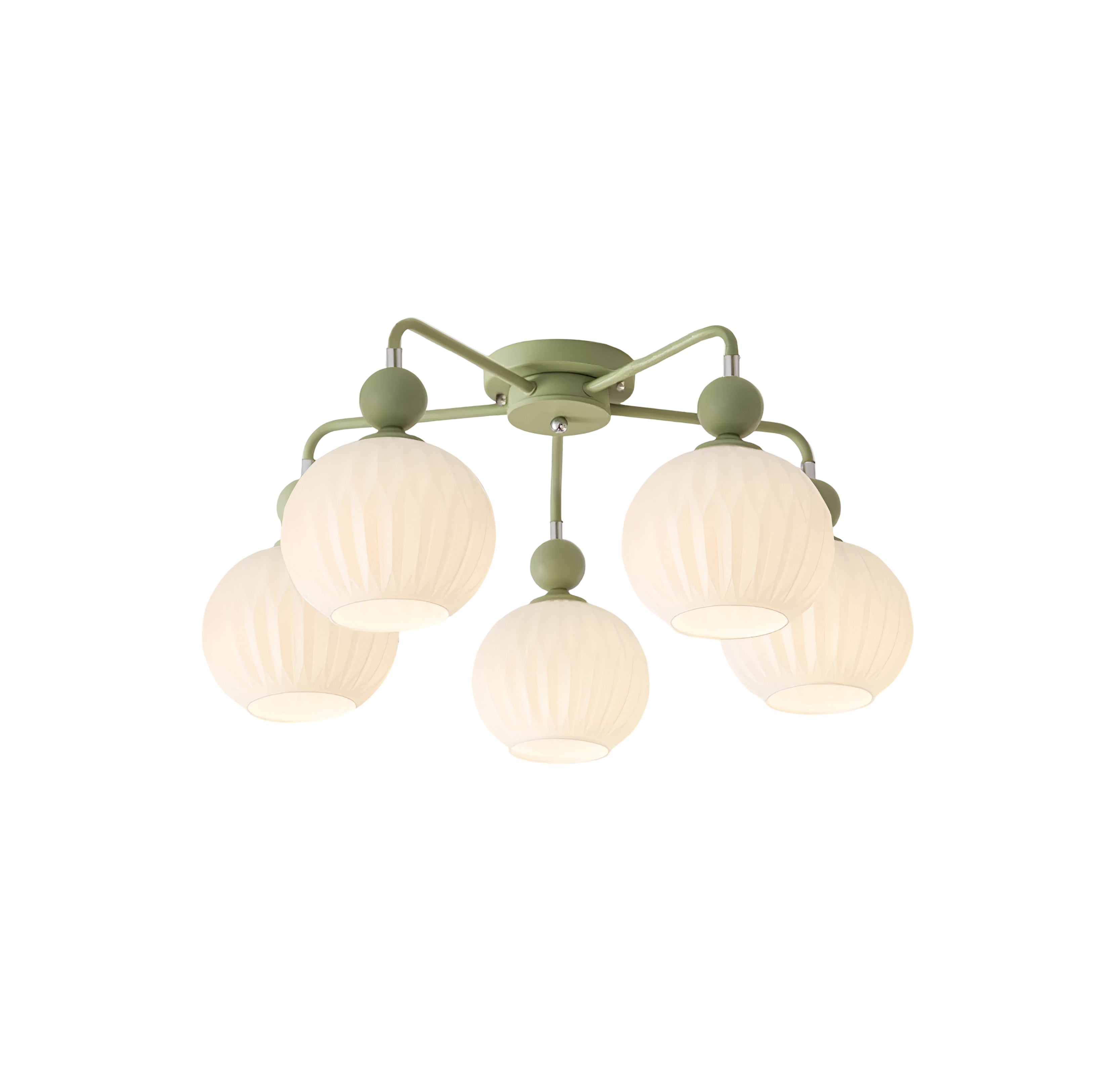 Sage Green Ceiling Chandelier - Ribbed Globe Shade Semi-Flush Mount Light