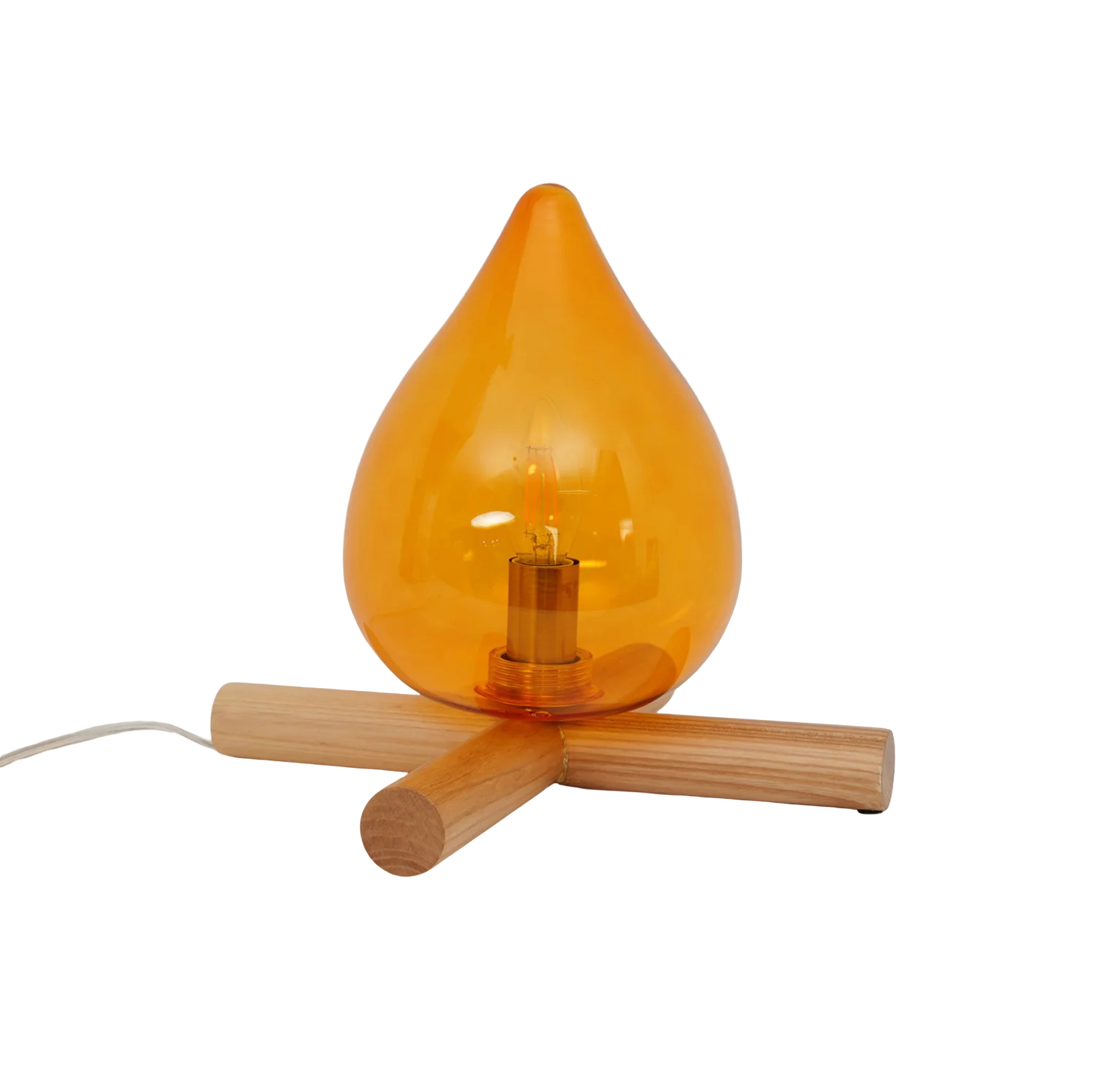 Amber Glass Flame Table Lamp - Campfire Inspired Accent Light with Wooden Tripod Base
