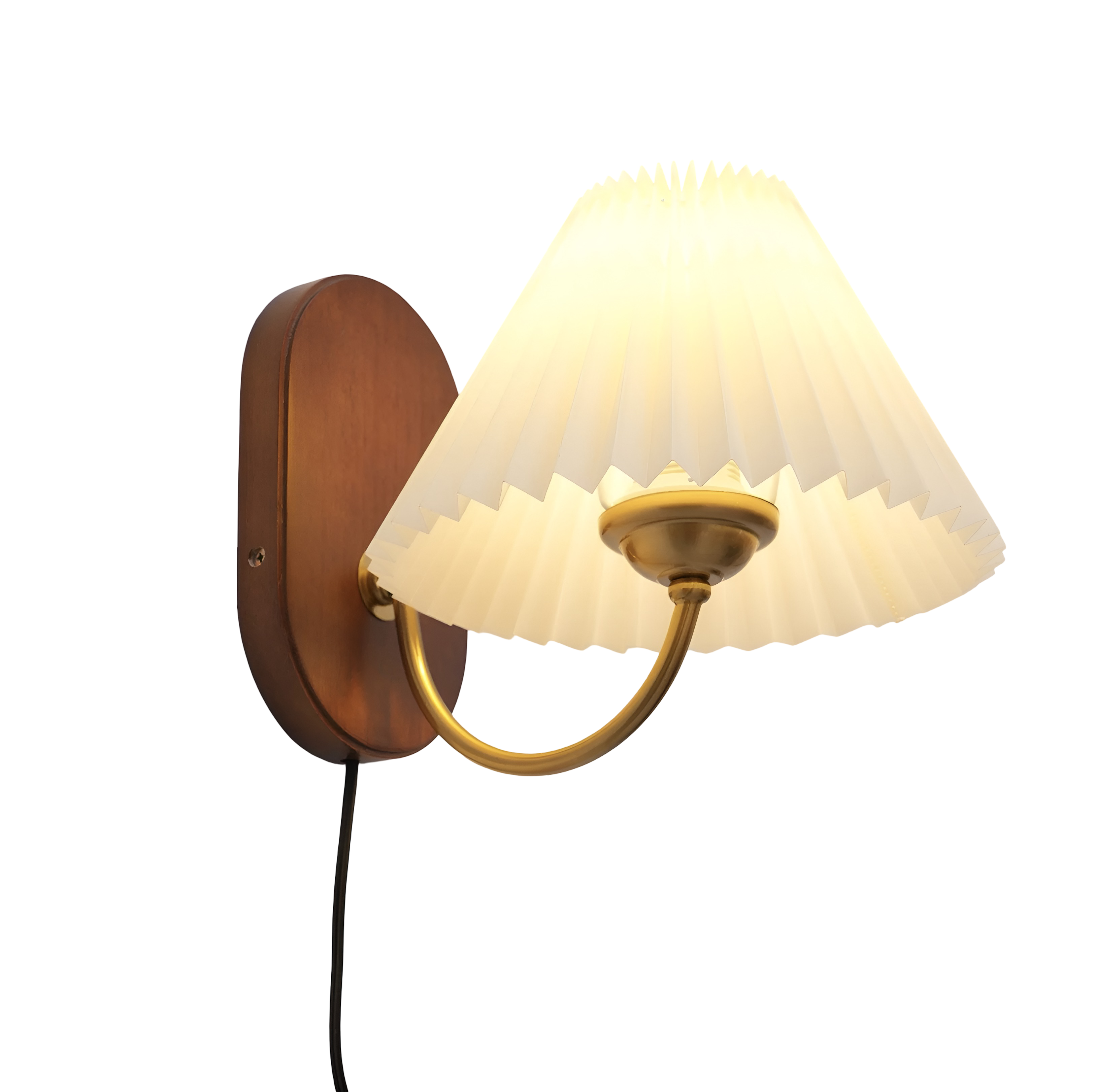 Pleated Fabric Wall Sconce with Wood Base - Plug-In Swing Arm Reading Light